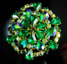 Vintage Brooch Huge Rhinestone Aurora borealis blue green cluster flower - £106.15 GBP