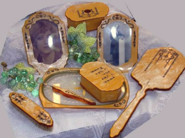 ART DECO JEWELED celluloid vintage Vanity Set Mirro Brush Tray boxes and so much - £518.38 GBP