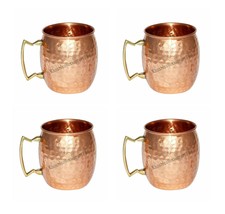 Handmade Copper Moscow Mule Mug Hammered Brass Handle Health Benefits Set of 4 - £30.85 GBP