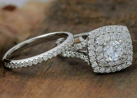 3.29ct Round Moissanite Engagement Ring &amp; Band Halo Diamond Solid 14k white Gold - £217.08 GBP