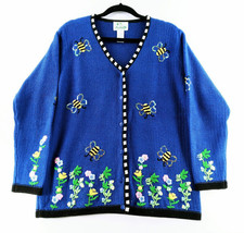 The Quacker Factory Blue Floral Bumble Bee Button Up Cardigan Sweater Small - £22.34 GBP