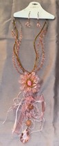 16” Necklace &amp; Dangle Earrings Set Pink Beaded W/ Flower Long  Pendant New NWT - £10.66 GBP