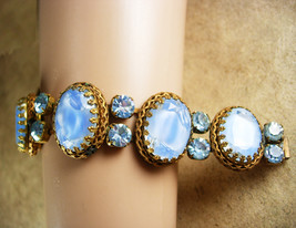Gorgeous Czech Glass Bracelet Blue Givre Glass &amp; Rhinestones Vintage brass  - £175.73 GBP