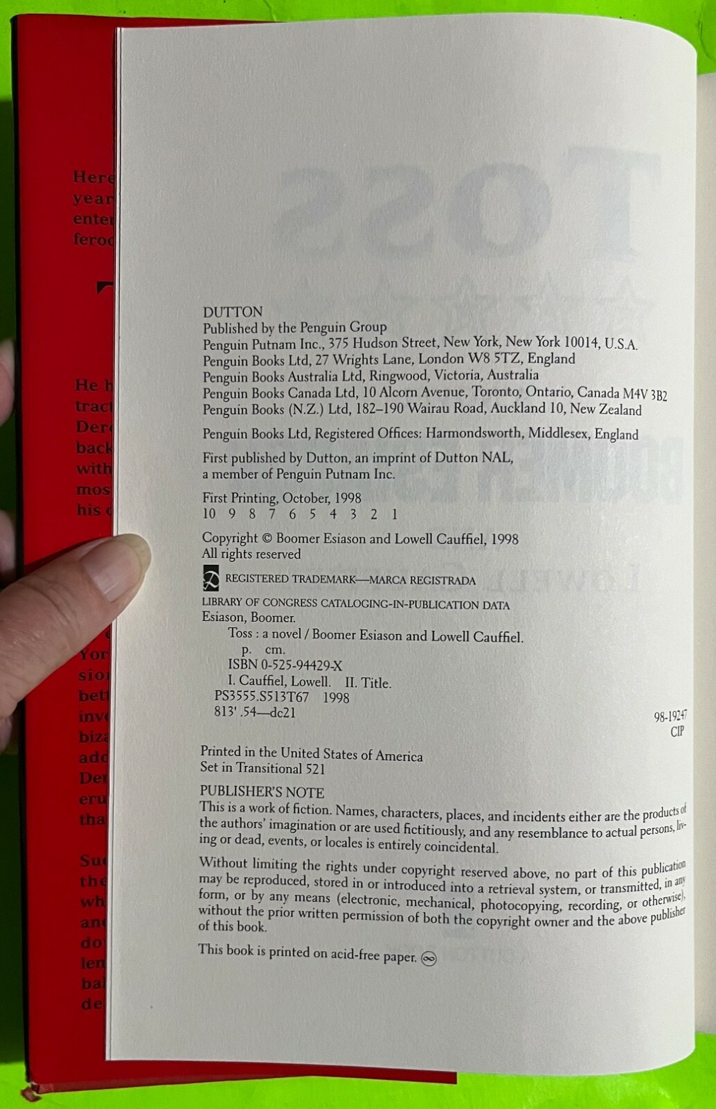 Vtg Toss: A Novel by Boomer Esiason & Lowell Cauffiel (HCDJ 1998) 1stEd Item image 3