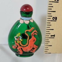 Vintage Green Glass Raised Paint Snuff Bottle Deer and Dragon Chinese Red Top 3&quot; - £16.43 GBP