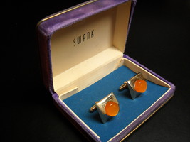 Swank Cuff Links Gold Colored Metal with Orange Raised Center Presentati... - £15.95 GBP