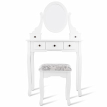 Elegant Makeup Desk Oval Mirrored Vanity Dressing Table Set W/ Stool 5 Drawers - £198.17 GBP
