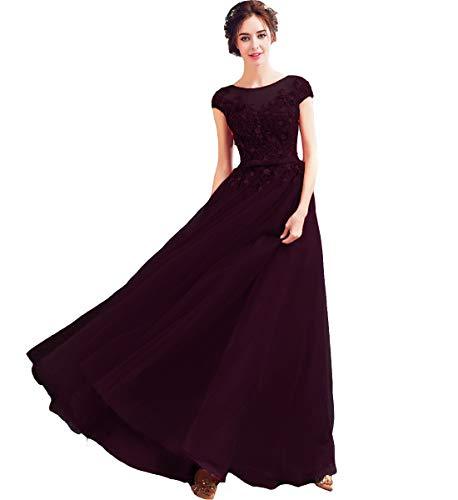 Tulle Bateau Beaded Lace Applique Long Formal Evening Prom Dress Dark Plum US 16