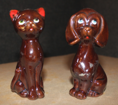 Cute Vintage Antique Made In Japan Brown Ceramic Cat &amp; Dog 4 1/2&quot; Figurines - £15.80 GBP