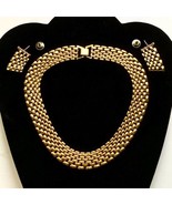 Mesh Link Collar 3/4 Inch Wide Gold Tone Metal Necklace &amp; Earrings Jewel... - £43.22 GBP