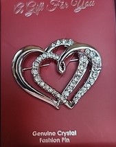 Silver Tone Double Heart CZ Brooch Pin Gift Box - £7.89 GBP