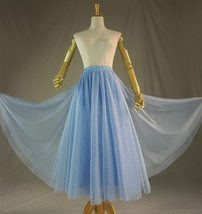 Light Blue A-line Tulle Skirt Women Custom Plus Size Plaid Midi Skirt
