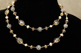 Artisan Jewelry Pearl Austrian Crystal Rhinestone Beaded Cocktail Necklace 36&quot; - £43.26 GBP