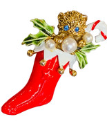 ART Arthur Pepper VTG Red Faux Pearls Christmas Stocking Cat Brooch, Signed - $61.44 CAD