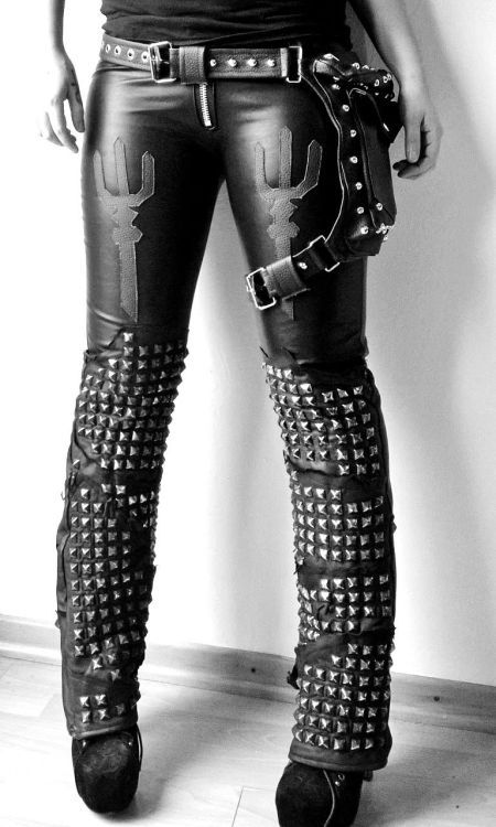 Women Straight Zipper Black Silver Studded Genuine Leather Waist Belted  Pants