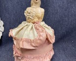 Antique CHALK  HALF DOLL PIN CUSHION ruffled pink Silk Dress flowers - £9.49 GBP