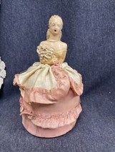 Antique CHALK  HALF DOLL PIN CUSHION ruffled pink Silk Dress flowers - $11.88