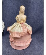 Antique CHALK  HALF DOLL PIN CUSHION ruffled pink Silk Dress flowers - £9.33 GBP