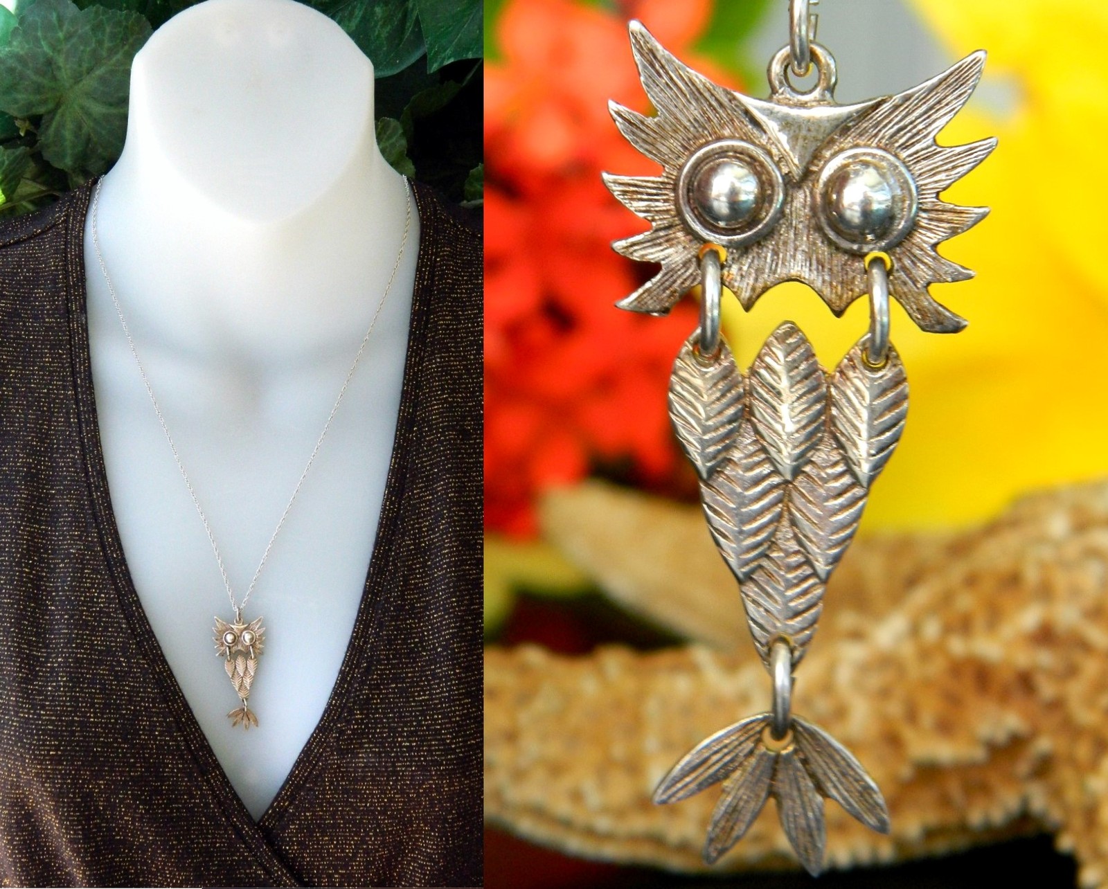 Primary image for Vintage Sterling Silver Owl Bird Articulated Pendant Necklace Ferrara
