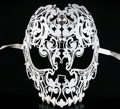 Men Devil Skull Laser Cut Metal Masquerade Mask White Color - $22.87