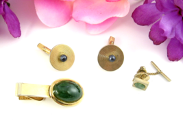 Vintage Swank Cufflink With Tie Clasp &amp; Tie Pin Lot Of 3 Green Gray Goldtone - £15.05 GBP