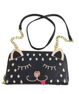 Betsey Johnson Black Spotted Cat Chain Crossbody Zip-Around Wallet Purse... - $34.83