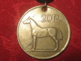 Authentic Vintage Celtic Bronze Irish Coin Harp Horse Pendant Necklace - $10.00