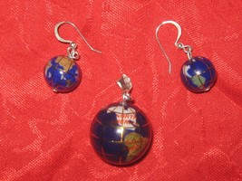Medium Lapis  Inlay  Intarsia  Gemstone  OLYMPICS  World  Globe Pendant  Earring - £14.38 GBP