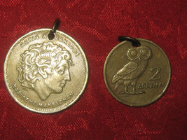 Authentic Vintage Greece Alexander The Great and Athena Owl Coin Pendants - $18.00