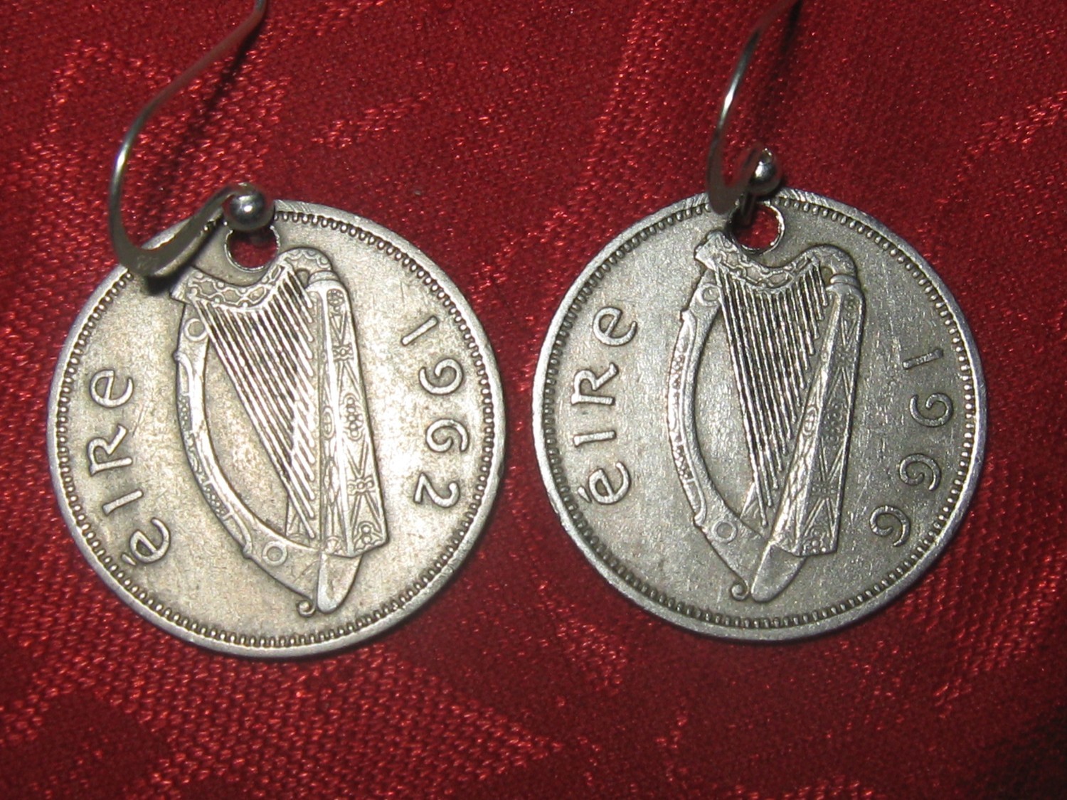 Authentic Antique  Vintage Ireland Irish Celtic Silver Tone Harp/ Bull Coin Earr - $10.00