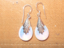 925 Sterling Silver Sea Opal Opalite Glass Teardrop Dangle Earrings - $16.00