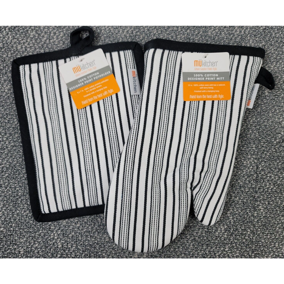 MU Kitchen Oven Mitt Potholder Black Stripe 100% Cotton Terry Lined 2pc ... - $18.97