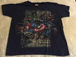 Marvel Boys Navy Blue Spiderman Captain America Hulk Comic Short Sleeve Shirt 6 - $6.37