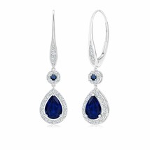 Blue Sapphire Drop, Dangle Earrings with Diamond Halo in 14K Gold (AA , 7x5MM) - £1,657.48 GBP