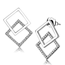 High Polish Stainless Steel Stacked Squares Clear CZ Earrings - £9.76 GBP