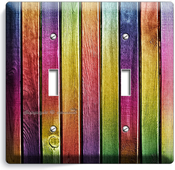 COLORFUL RAINBOW PLANKS WOOD DOUBLE LIGHT SWITCH WALL PLATE KITCHEN CABIN DECO - $11.99