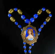 Vintage COBALT PORTRAIT Locket necklace Victorian antique jewelry Czech glass  - £434.07 GBP