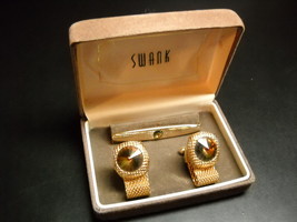 Swank Cuff Links and Tie Bar Gold Colored Metal Mesh Wrap Brown Sparkly Boxed - £15.81 GBP