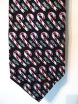 Lord &amp; Taylor Christmas Tie Candy Canes and Holly All Silk Damask Hand Sewn - £13.35 GBP