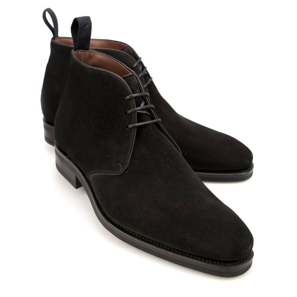 Made To Order Men's Black Chukka High Ankle Suede Leather Lace Up Boots US 7-16