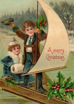 1907 Embossed Christmas Postcard Victorian Children On Boat With Mistletoe - $424.48 MXN