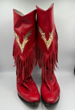 VTG LARRY MAHAN Fringe Cowgirl Boots with Snakeskin Inlay Size 6.5 B Red - £114.19 GBP