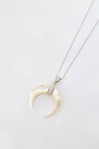 Large Silver Double horn necklace crescent moon pendant Mother of pearl Buffalo  - £47.16 GBP