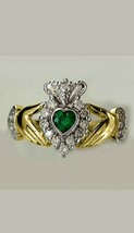1.25 Ct Heart Emerald &amp; Diamond Claddagh Women&#39;s Ring 14k Two Tone Gold Plated - £80.09 GBP