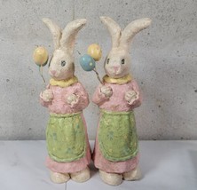 2 vtg  Paper Mache Ceramic Bunny Rabbit with Balloons 7.5&quot; easter decor  - £27.07 GBP