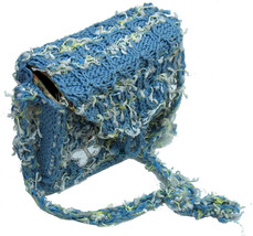 Funky blue hand knit handbag with silver butterfly - £22.57 GBP