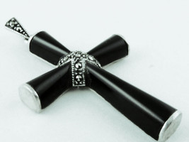 Vintage Thai Black Onyx, Marcasite, Sterling Silver Crucifix Pendant - $81.00