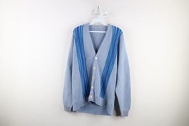 Vintage 50s 60s Streetwear Mens Medium Striped Knit Cardigan Sweater Blue USA - £155.67 GBP
