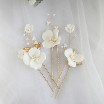 Ceramic Flower Gold Leaf Hair Pins 3pcs Wedding Jewelry Bridal Hair Acce... - £15.68 GBP