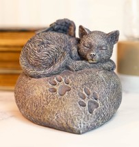 Pet Memorial Sleeping Angel Cat With Paw Prints Heart Shaped Rock Urn Statue - £31.96 GBP